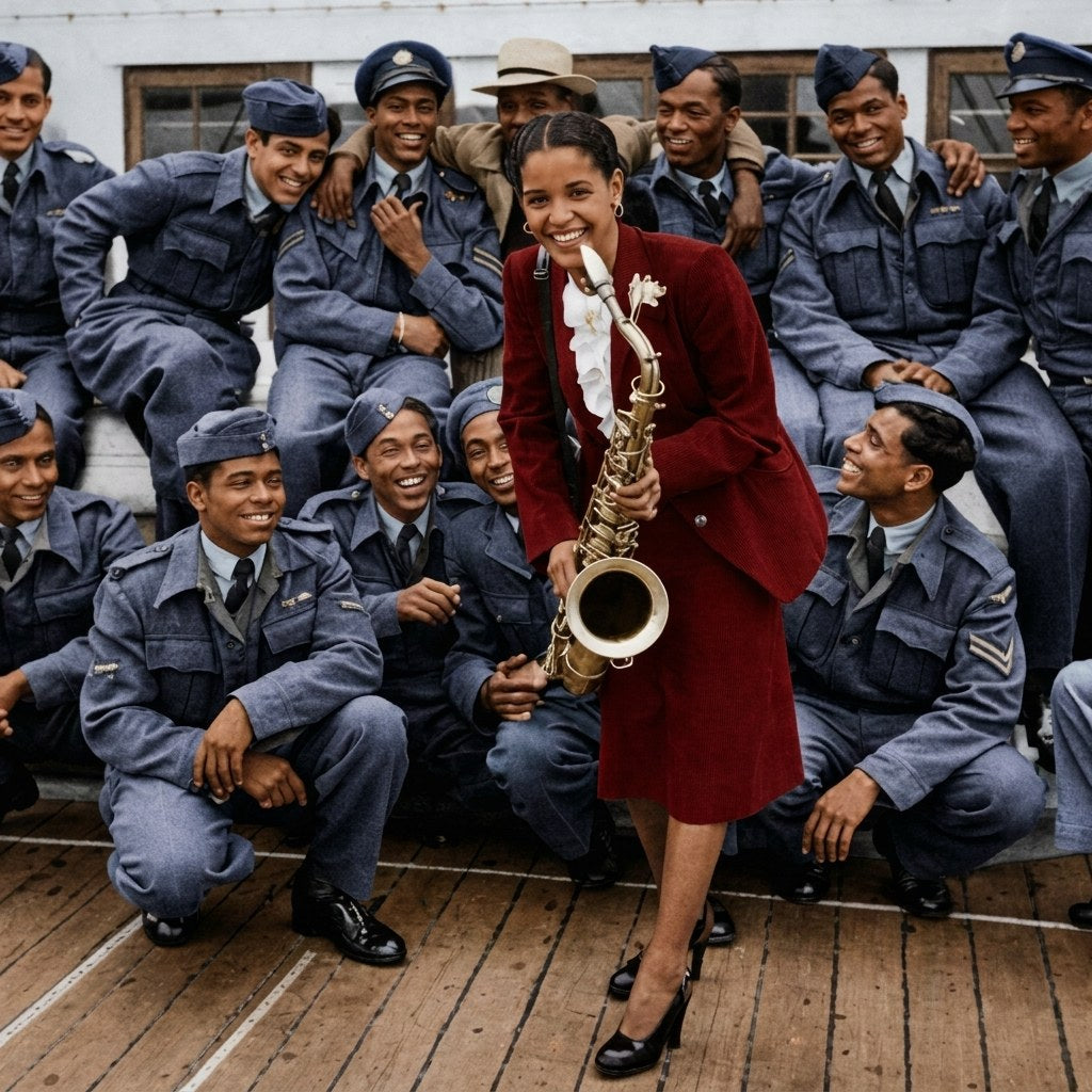 Mona Baptiste with Royal Air Force personnel