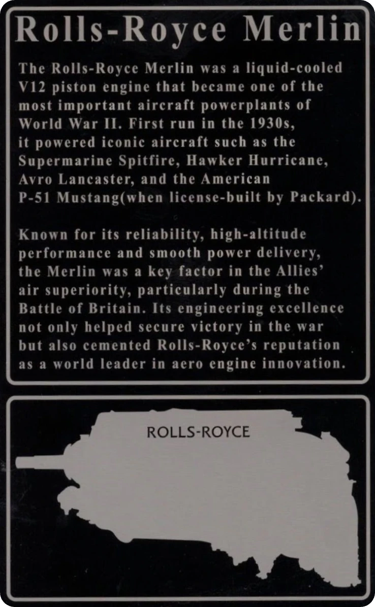 Back of the Merlin card, with the history of the engine and the window holding the original engine metal