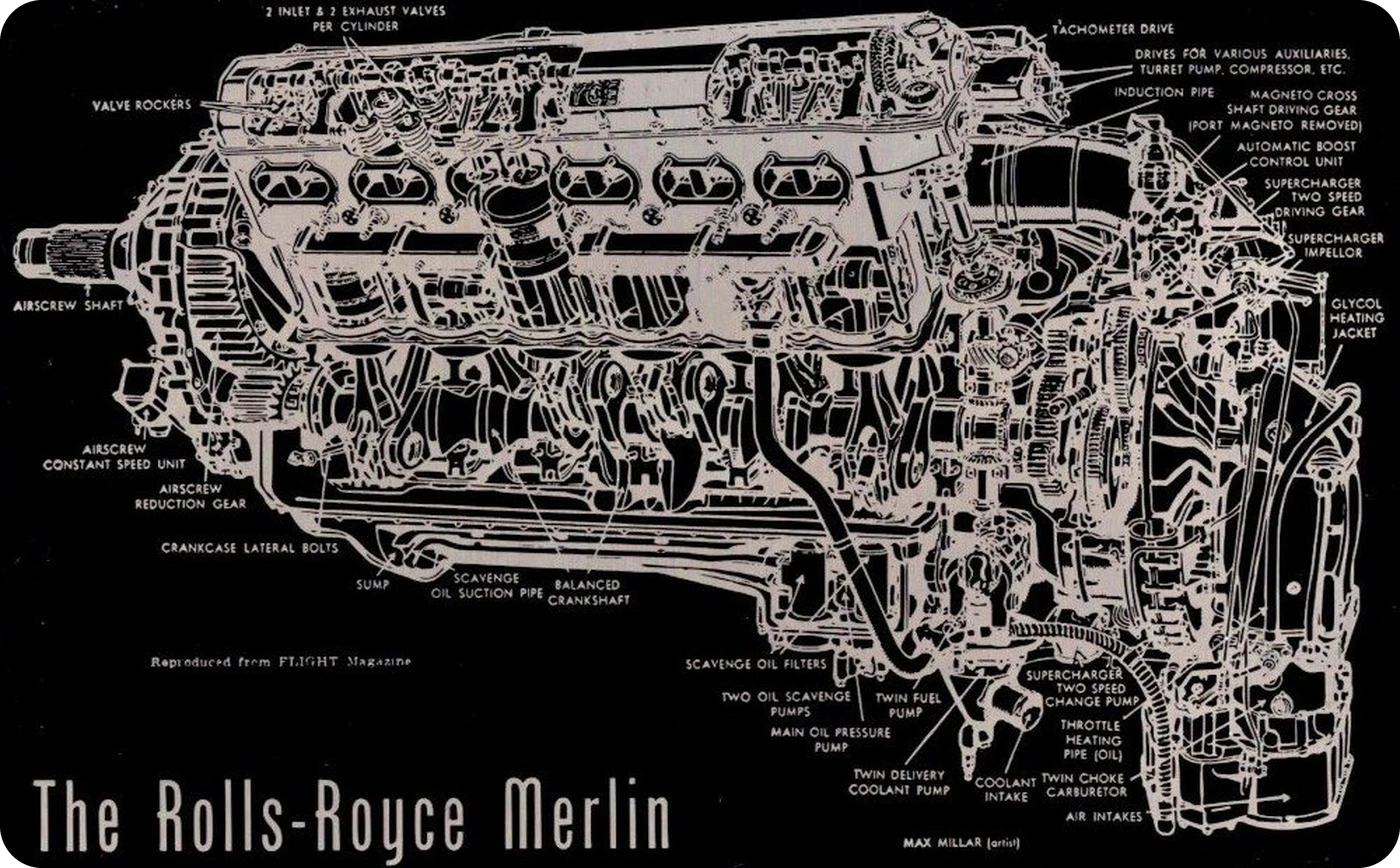 Front of the Merlin card, engraved with a cutaway of the Rolls-Royce Merlin engine
