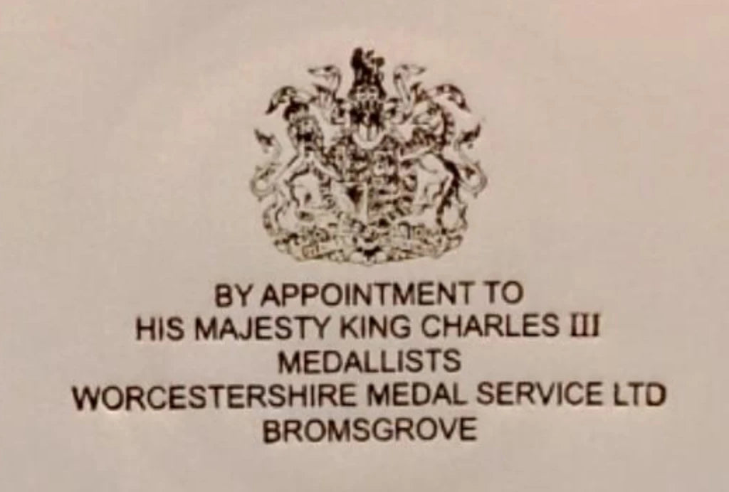 Inside the presentation case lid: By Appointment to His Majesty King Charles III, Medallists, Worcestershire Medal Service Ltd, Bromsgrove
